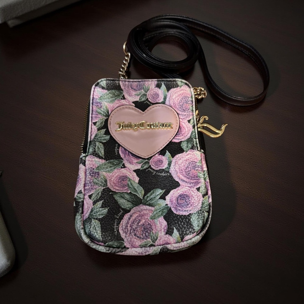 Juicy Couture Black & Pink Floral Long Crossbody Bag EUC